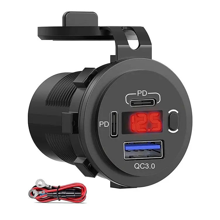 Bluejw Dual USB Quick Charge 3.0 Car Charger with PD USB-C, On/Off Switch, Voltmeter & Blue Light + Wireless Charger Adapter (12V, 220V) - Automobile Chargers - Image 1